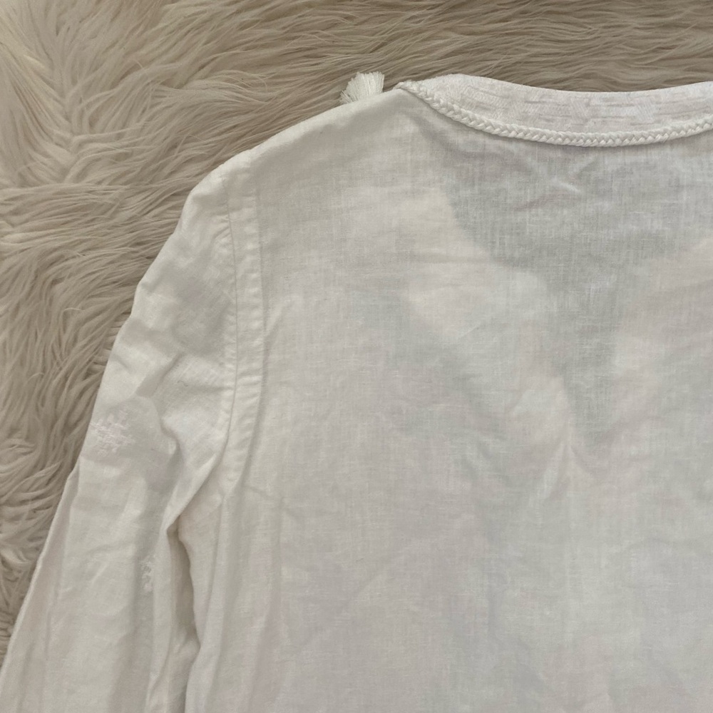 Kobi Halperin Linen Blend White Tassel Neckline Blouse Split Neck Tunic Top - Picture 9 of 14